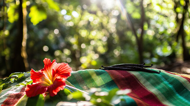 Handwoven lamba with vanilla pods and hibiscus, celebrating Madagascar's vibrant culture and natural bounty.