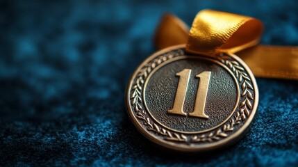 Metallic medal with the number 11 on it and a gold ribbon is on a textured backdrop