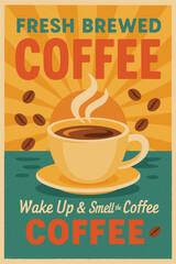 Vintage Coffee Tin Sign – Extra Strong Coffee with Coffee Cup on Old Green Background, Retro Cafe Bar Poster Design