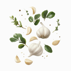 Fresh Garlic Cloves and Herbs Floating on Brown Transparent background