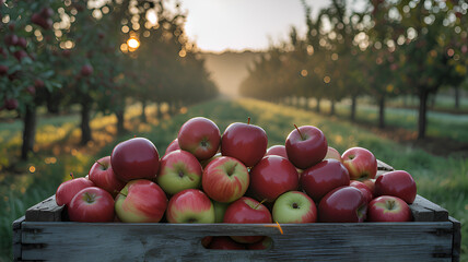 Fresh ripe apples in a wooden crate in an orchard at sunrise
