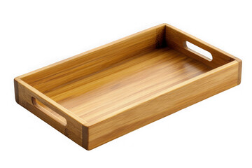 Close-up of a rectangular wooden serving tray with handles, showcasing its natural wood grain and construction details isolated on transparent background