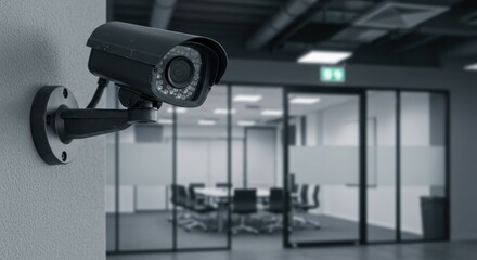 Security camera mounted on wall overlooking a modern office space.