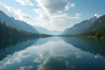Landscape with picturesque lake and sky reflection