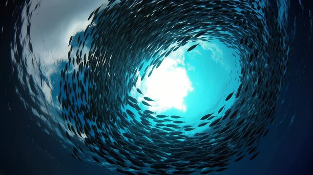 School of fish swims beneath the ocean surface creating a swirling vortex towards the sunlight