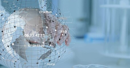 Senior man hovering hand under holographic globe in tech lab, showcasing data nodes and codes - Powered by Adobe