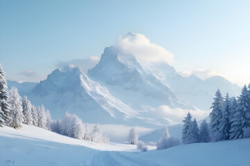 Snowy mountain tops on a winter day.