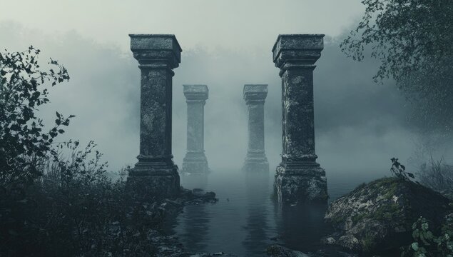 Misty Forest Ruins with Ancient Pillars.