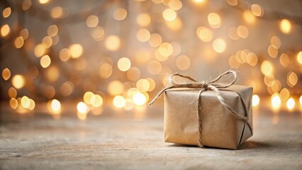 A small gift wrapped in rustic paper tied with twine sits on a wooden surface, bathed in the warm glow of bokeh lights, symbolizing simple joy and heartfelt appreciation
