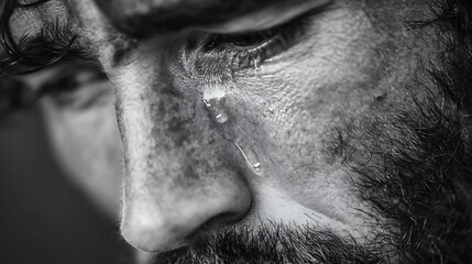 Obraz premium Man with tears, face in monochrome close up