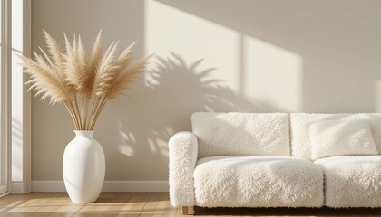 Stylish Beige Pampas Grass In A White Vase Complements A Fluffy White Sofa In A Sunlit Minimalist Living Room Interior Design