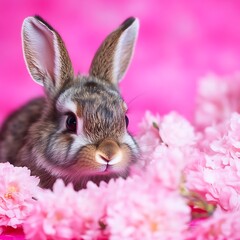 Adorable bunny nestled among delicate pink cherry blossoms portrait view