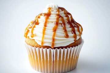 Classic vanilla cupcake with white frosting and caramel drizzle isolated on a white background for sweet dessert concept