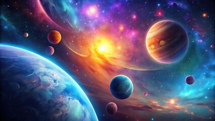 A vibrant cosmic panorama showcasing a planetary system orbiting a radiant star, enveloped in nebulae and interstellar dust