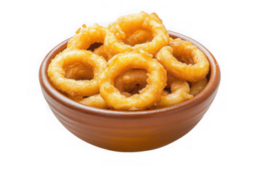 Delicious crispy golden onion rings served in a rustic brown bowl, a tempting appetizer, isolated on transparent background