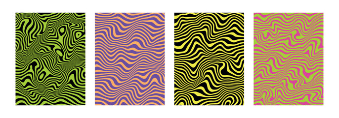 Neon liquify distorted backgrounds. Modern abstract marble posters. Hypnotic wavy lines. Psychedelic acrylic texture. Retro hippie aesthetic. Groovy swirls, spirals. Banner, placard.