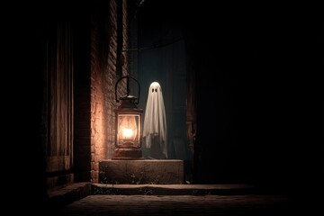 A photorealistic image of a dark alley at night with a spooky antique lantern and a mysterious glowing ghost figure emerging from the shadows, high contrast lighting