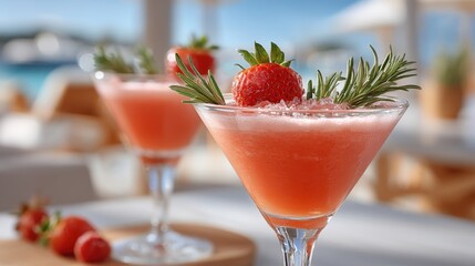 Two strawberry cocktails garnished with rosemary on a beachside table. Pink drinks, clear glasses, bright background.