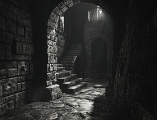 Fototapeta premium Dark Stone Staircase with Medieval Castle.