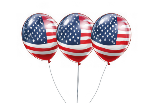 Three patriotic balloons with american flag design, red, white, and blue, floating together, isolated on transparent background