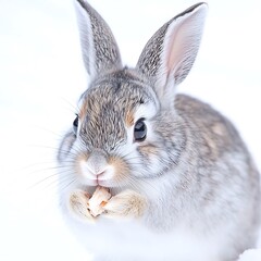 Obraz premium Adorable gray rabbit eating delight in a snowy winter wonderland scene