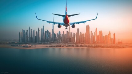 Plane flies over a cityscape and water at sunset.