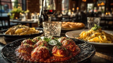 Italian food dishes restaurant table
