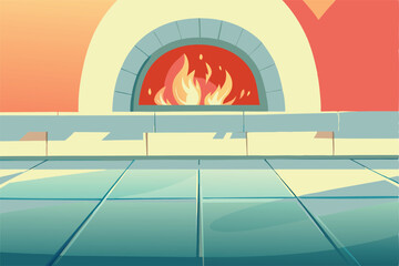 Create a vibrant vector illustration of a bustling pizza restaurant kitchen, showcasing pizza preparation, ovens, and chefs in action.