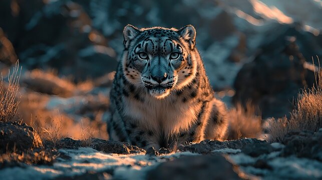 snow leopard close-up at ladakh sunset  - Powered by Adobe
