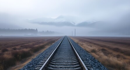 Fototapeta premium Misty Mountain Railroad Tracks Through a Foggy Landscape