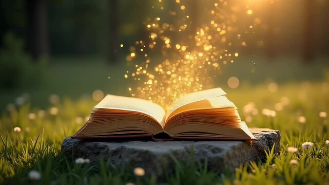 Magic book glowing with golden light sparks  
