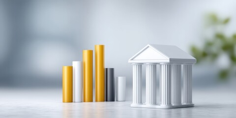 Abstract image of a white temple model and gold, white, and gray bar graph on a neutral background.