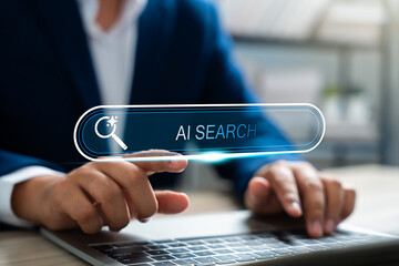 AI search technology revolution SEO, Businessman browsing internet using AI search tool to optimize...