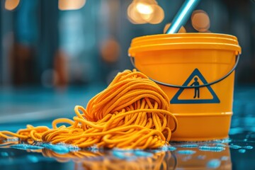 A yellow mop and bucket with a caution sign on a wet floor, indicating cleaning in progress.
