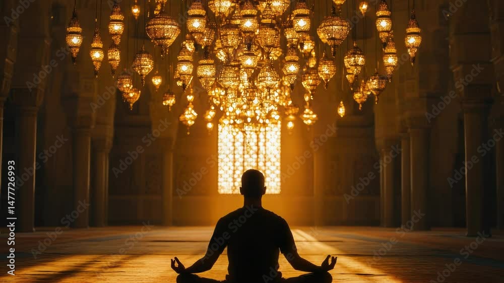 Poster a person sits in a room with a large chandelier in the background