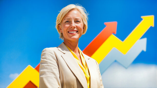 Success oriented businesswoman in light blazer and yellow top with upward trending growth chart. Professional displaying confidence with bright financial analytics graph positive business performance