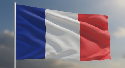 Obraz premium Waving National Flag Blue White Red on Pole Against Sky