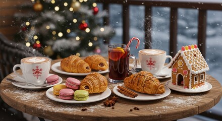 Naklejka premium Table with croissants macarons coffee and gingerbread house near christmas tree.