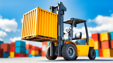 Yellow forklift lifting orange container at logistics terminal with colorful cargo containers stacked in background. Industrial freight transport equipment for shipping, import, export and warehouse