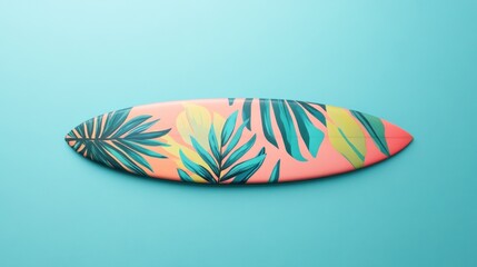Colorful surfboard with tropical leaf design