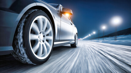 Silver luxury car speeding on snowy winter road at night with spinning wheels. Of tire with motion blur on icy highway under street lights. Performance automobile with alloy rims demonstrating