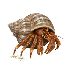 Realistic hermit crab with seashell on sand
