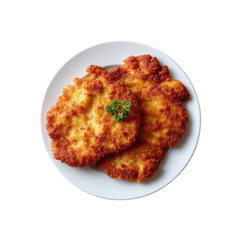 A plate of crispy wiener schnitzel, golden-brown fritters garnished with a sprig of parsley