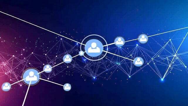 User icons linked in a digital web, a central figure connected to others over a background of interconnected nodes
