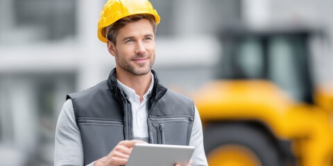A male construction worker wearing a yellow hard hat and gray vest uses a tablet outdoors, with a yellow construction vehicle blurred in the background.