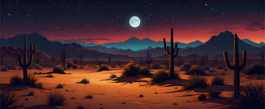  flat illustration a vibrant desert landscape at night