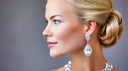 Profile portrait of elegant blonde woman with luxury diamond jewelry. Teardrop earring with brilliant crystals paired with matching necklace. Sophisticated updo hairstyle, refined makeup, delicate