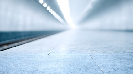 A modern train station interior with soft lighting, emphasizing clean architectural lines, spacious design, and a calm, futuristic atmosphere suitable for travel and transportation themes.
