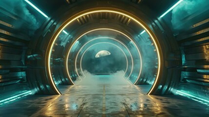 Fototapeta premium Futuristic sci-fi corridor with neon lights and a view of the moon.