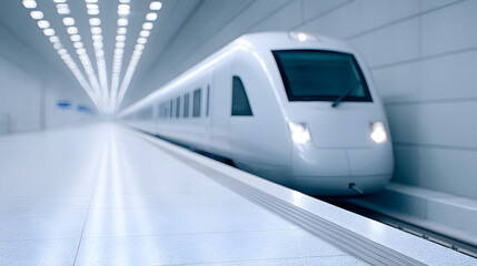 A modern train station interior with soft lighting, emphasizing clean architectural lines, spacious design, and a calm, futuristic atmosphere suitable for travel and transportation themes.
